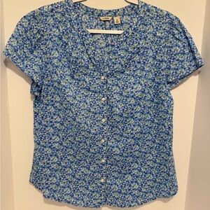 L.L. Bean Floral Tunic Cap Sleeve Button Up Blouse Women’s Size M Blue